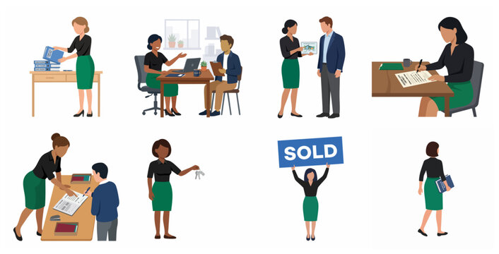 Set of diverse business professionals and real estate agents in various office and sales activities flat vector illustration