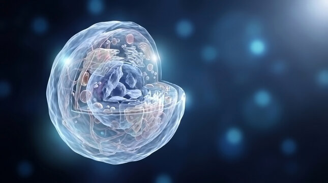 Detailed 3D illustration of a single human cell with complex internal organelle structures