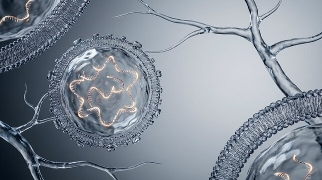 Microscopic view of viral cell structure with membrane and protein markers, microbiology