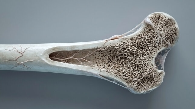 Cross section of human long bone showing inner trabecular spongy bone structure with trabecular