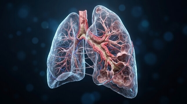 Detailed medical illustration of human lungs and bronchial tree structure with respiratory