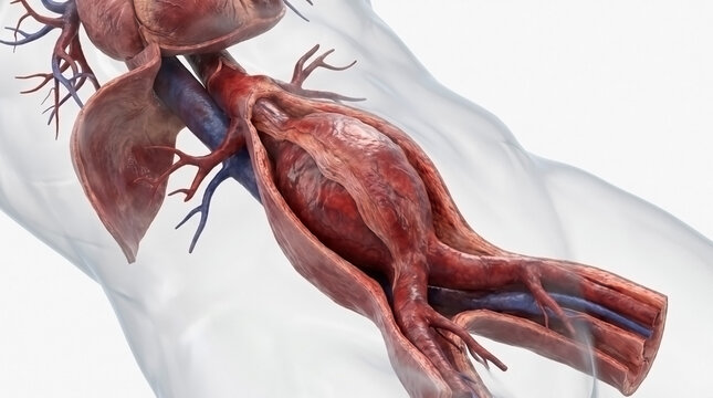 Medical illustration of abdominal aortic aneurysm showing bulge in the wall of the aorta