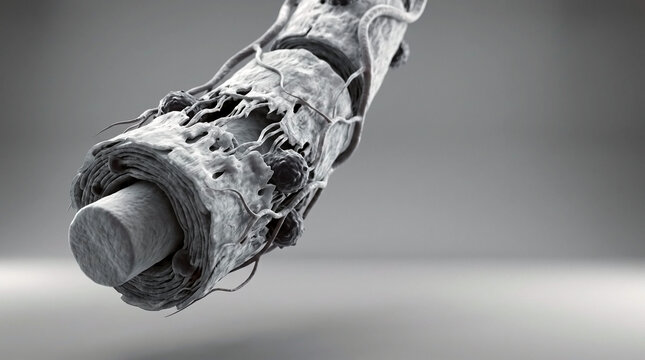 Microscopic view of damaged human nerve fiber showing axon and myelin sheath degradation