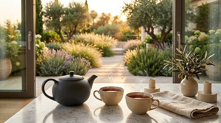Fototapeta premium Teapot and ceramic mugs sit on a marble table overlooking a lush Mediterranean garden patio at sunset.