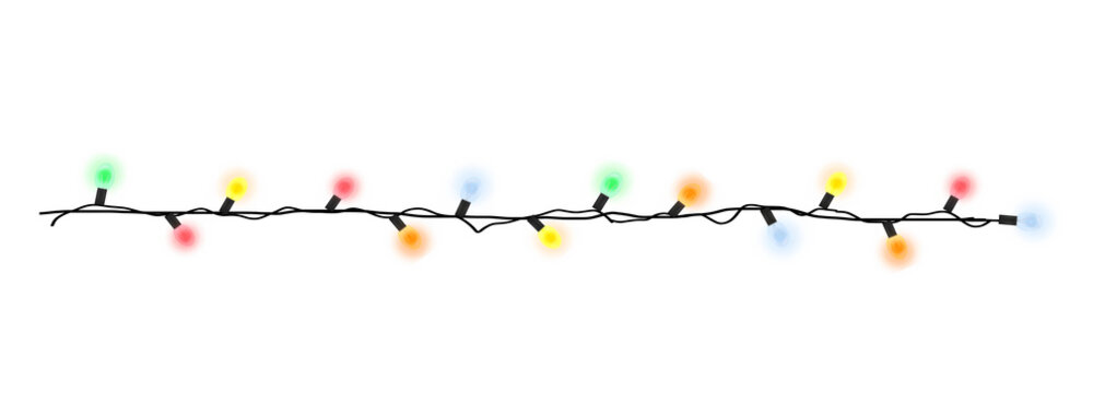 Realistic christmas light string garland banner with multicolored glowing bulbs isolated on white background.