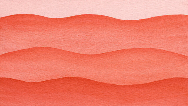 Abstract wavy gradient painted with red pink watercolor on textured paper background. waves flow horizontally. Delicate watercolor textures create calming layers.