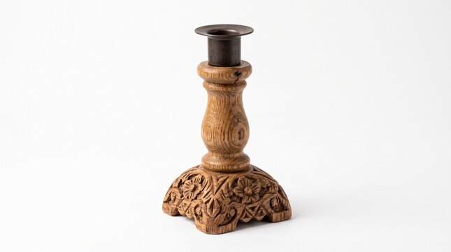 Vintage hand-carved wooden candlestick with floral patterns, rustic brown timber candle holder, antique style decorative wood pedestal isolated PNG with Transparent Background