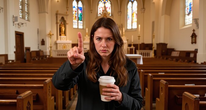  Woman holding a coffee cup shows middle finger in a church building with pews and altar visible; defiance provocation.
