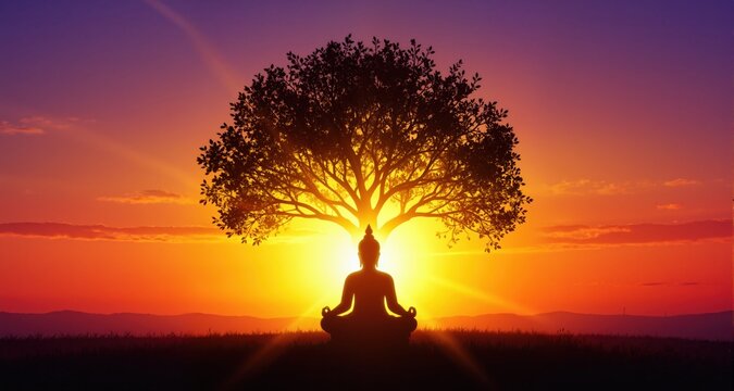  Happy Buddha Purnima spiritual illustration with glowing meditating Buddha tree silhouette at sunset
