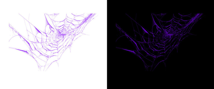 Purple spider web illustration set, glowing neon cobweb design on black and white backgrounds, spooky halloween decorative elements