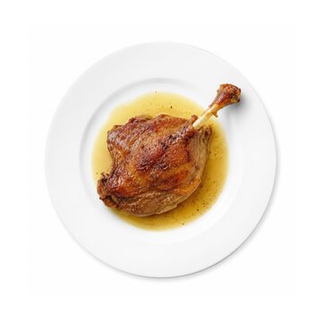 Confit de Canard auf wei&szlig;em Teller &ndash; Traditionell in Entenfett gegarte Entenkeule mit knuspriger Haut, franz&ouml;sischer Klassiker, freigestellt auf hellem Hintergrund.