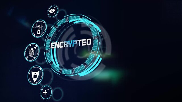 Encrypted business database system visual displayed on glowing futuristic tech hud screen with cybersecurity research icons