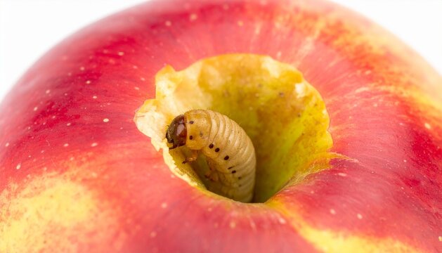 Worm emerging from red apple hole macro