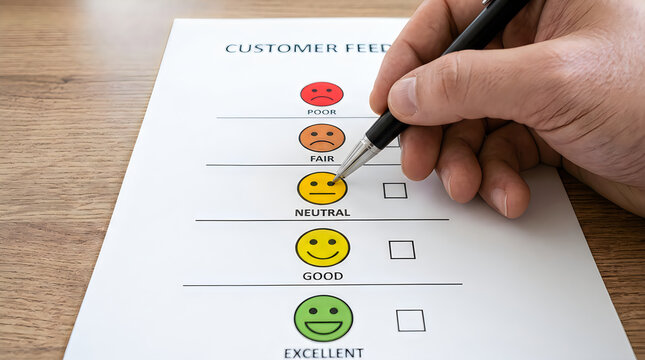 Closeup of a hand holding a pen and selecting a neutral rating on a customer feedback survey form