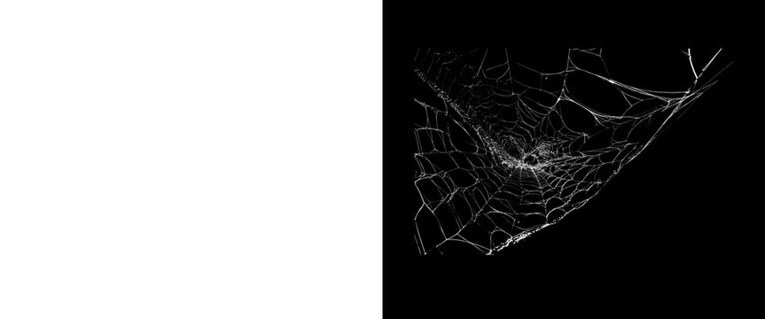 Intricate spider web on black background, delicate white spiderweb texture, spooky cobweb overlay for Halloween design and horror concepts