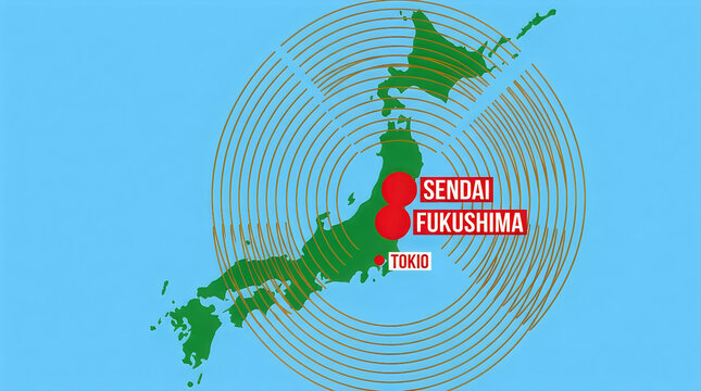 Map of japan highlighting sendai and fukushima with concentric circles representing seismic waves or impact zones
