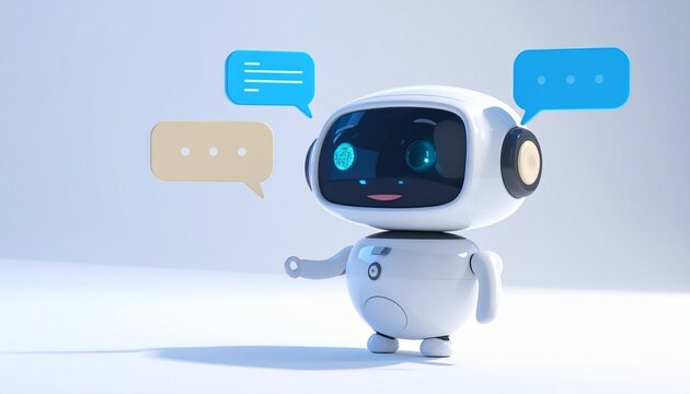   
Friendly futuristic robot with glowing blue accents, expressive digital face, and speech bubbles, symbolizing AI conversation and modern communication&hellip;