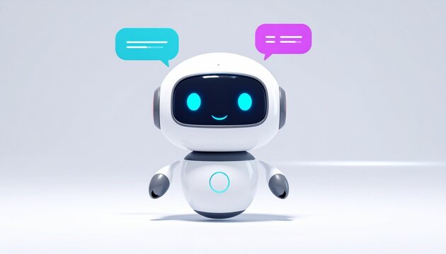   
Friendly futuristic robot with glowing blue accents, expressive digital face, and speech bubbles, symbolizing AI conversation and modern communication&hellip;