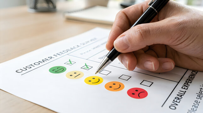 Closeup of a hand holding a pen and filling out a customer feedback survey form with smiley face icons