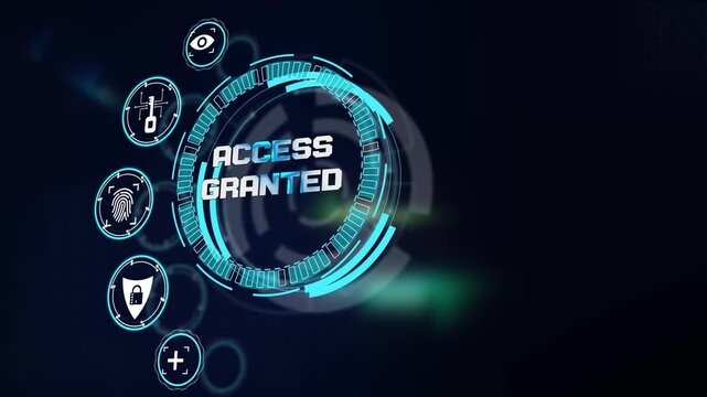 Access granted notification displayed on glowing futuristic technological hud dashboard screen with corporate cyber icons
