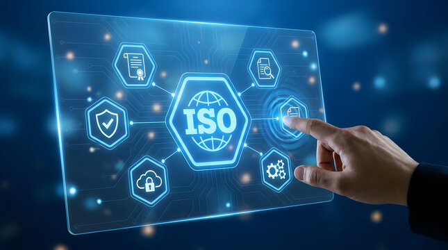Hand touching a digital interface with iso certification icons representing quality management, compliance, and information security standards