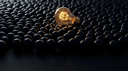 Fototapeta premium Glowing vintage light bulb standing out among dark turned-off bulbs, symbolizing innovation, unique ideas, creativity, and leadership in business and technology concepts.