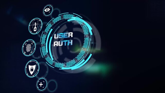 User auth access control process visualized on glowing futuristic technological hud screen with corporate security icons