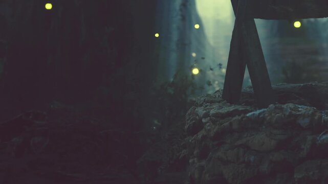 Fireflies glow in a dark forest at night. The light from these insects creates a magical scene among the trees. Their flickering signals add charm to the natural setting.