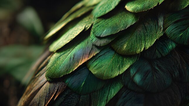 Green Bird Feather Texture Macro Background with Natural Pattern and Exotic Plumage Detail