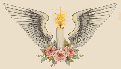Fototapeta premium A delicate watercolor illustration of a lit candle adorned with soft pink roses and lush green leaves, framed by majestic angel wings.
