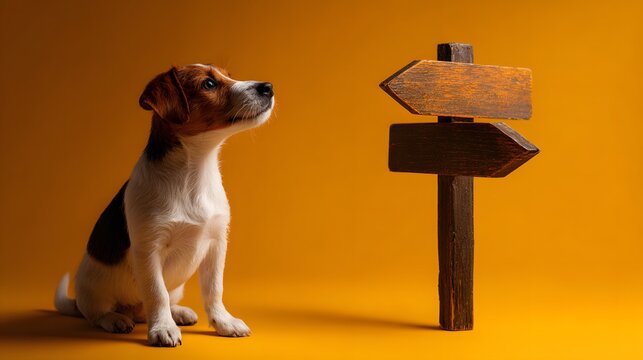 Cute Jack Russell Dog Sitting Beside Wooden Direction Sign for Pet Training and Choice Concept