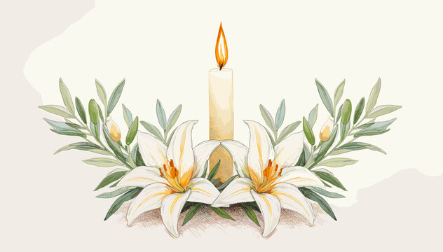 Watercolor illustration of a lit candle flanked by elegant white lilies and lush green foliage, symbolizing peace, remembrance, and spiritual solace.