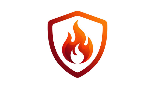 Fire protection shield logo, orange flame security icon on white background, professional fire safety and heat resistance symbol for industrial branding