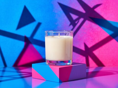 Frosted Candle on Striped Box Against Neon Geometric Backdrop