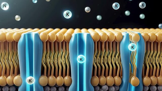 Close-Up Microscopic View of Cell Membrane Lipid Bilayer with Embedded Transport Proteins