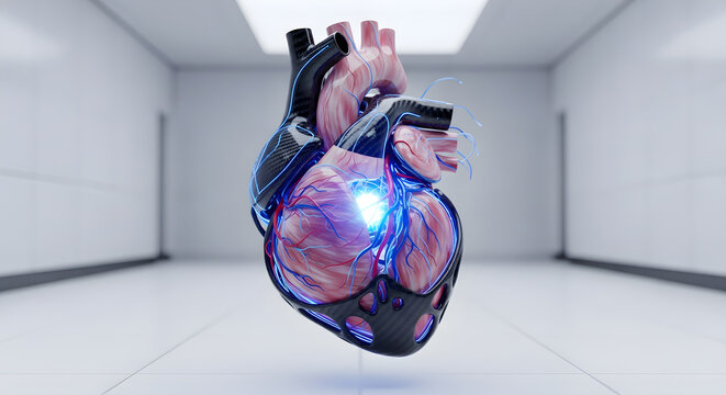 Biotech Human Heart Protected by Carbon Fiber Exoskeleton and Blue Light