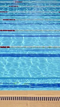 Clear blue water gently rippling in an empty swimming pool with marked lanes, creating a refreshing and serene summer scene ideal for sports competitions or relaxation concepts