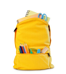 Obraz premium Back to school, yellow backpack isolated on transparent, filled with school supplies. Pencils, scissors, and notebooks peek out. Perfect for start of school year.