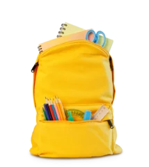 Back to school, yellow backpack isolated on transparent, filled with school supplies. Pencils, scissors, and notebooks peek out. Perfect for start of school year. © Aleksandr Matveev