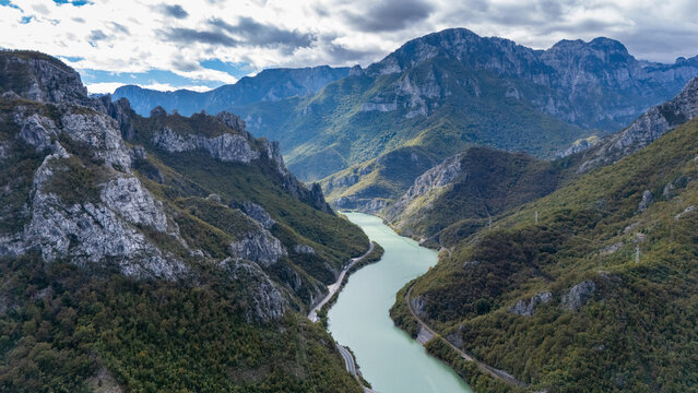 Aerial view of the winding Neretva river flowing through the rocky canyon of Aleksin Han surrounded by mountains in Sarajevo, Federation of Bosnia and Herzegovina, Bosnia and Herzegovina.