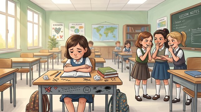 Sad Schoolgirl Experiencing Bullying in a Classroom While Classmates Whisper and Laugh, Educational Illustration Promoting Kindness and Inclusion