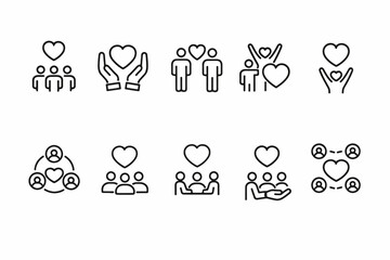 Fototapeta premium Love Care Community Line Icons Heart People Connection Compassion Support Unity Teamwork