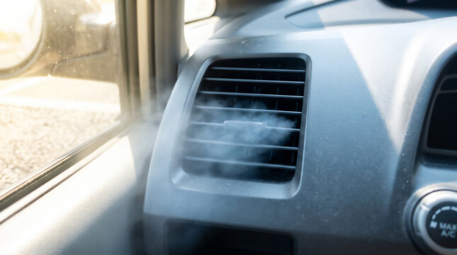 Cold air vapor blowing from car dashboard air conditioning vent