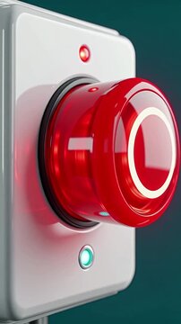 Red button on white panel lights up and glows brighter as it is pressed, indicating activation with a blue light below and a red light above, set against a teal background