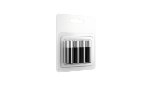 Blister pack set of four AA batteries isolated on black background
