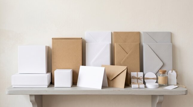Minimalist sustainable packaging collection, blank eco-friendly stationery and gift boxes, neutral kraft paper envelopes and mailing supplies