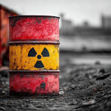 Rusty Radioactive Waste Barrel in Desolate Landscape