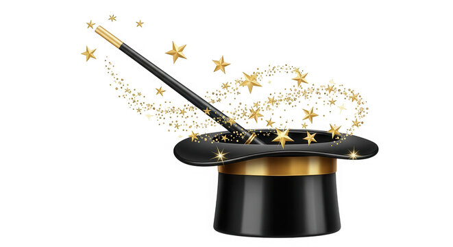 Magic wand and black top hat with golden sparkling stars isolated on transparent background