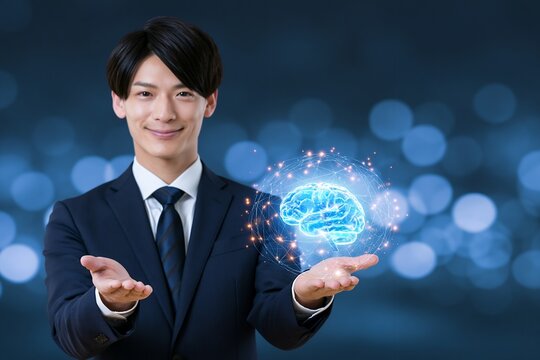 ビジネスマンが最新AI技術で知性と未来を提示するイメージ
