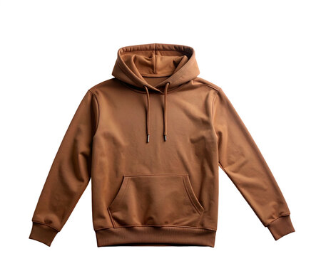 A tan hooded sweatshirt with drawstrings and a front pocket presented on transparent background hoodie pullover hoody beige khaki earth tone